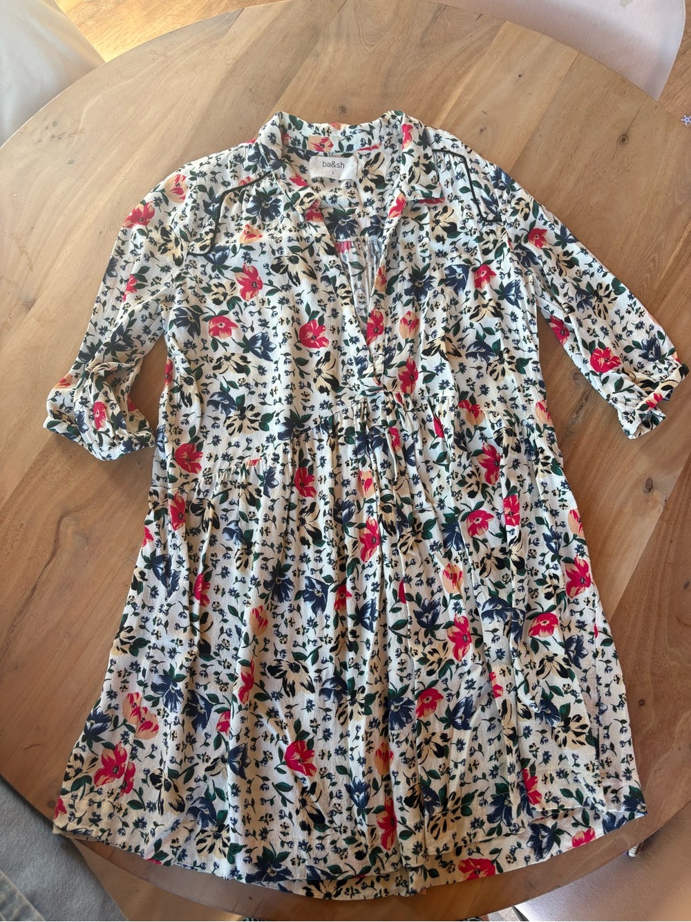 Women’s ba&sh Cream Floral Tiered Dress with Pink and Navy Flowers